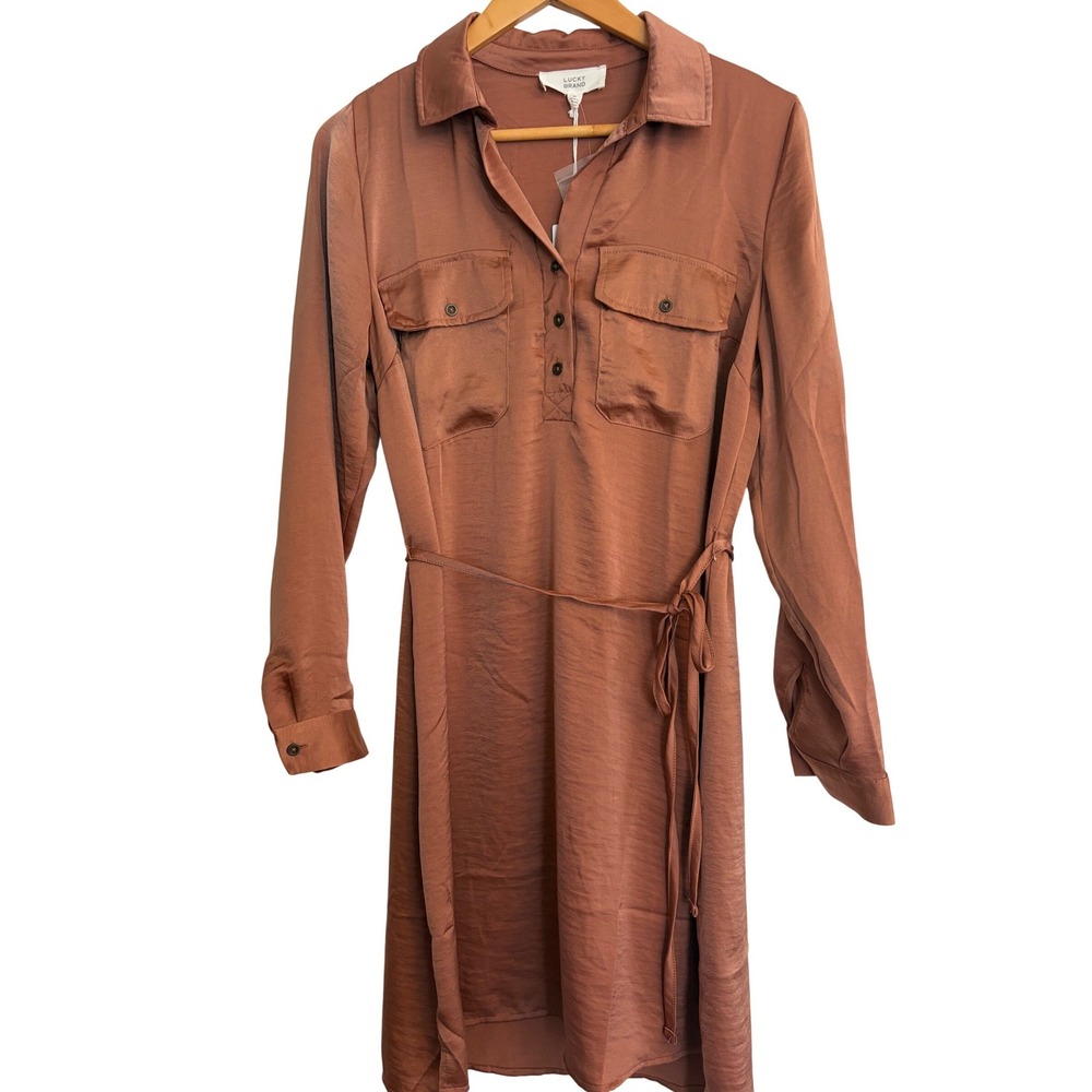 New Lucky Brand Sz Medium Mocha Mousse Satin Chic‎ Shirt Dress Brown